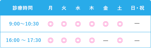 診療時間 月～木・土 9:00〜10:30/16:00〜17:30 金 9:00〜10:30 休診日: 日曜/祝日/金曜午後